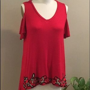 Red Knit Cold Shoulder Embroidery Trimmed Top